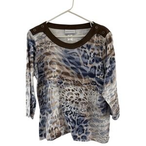 Alfred Dunner Women PM Petite Medium Sweater Animal Print 3/4 Sleeve‎ Scoop Neck